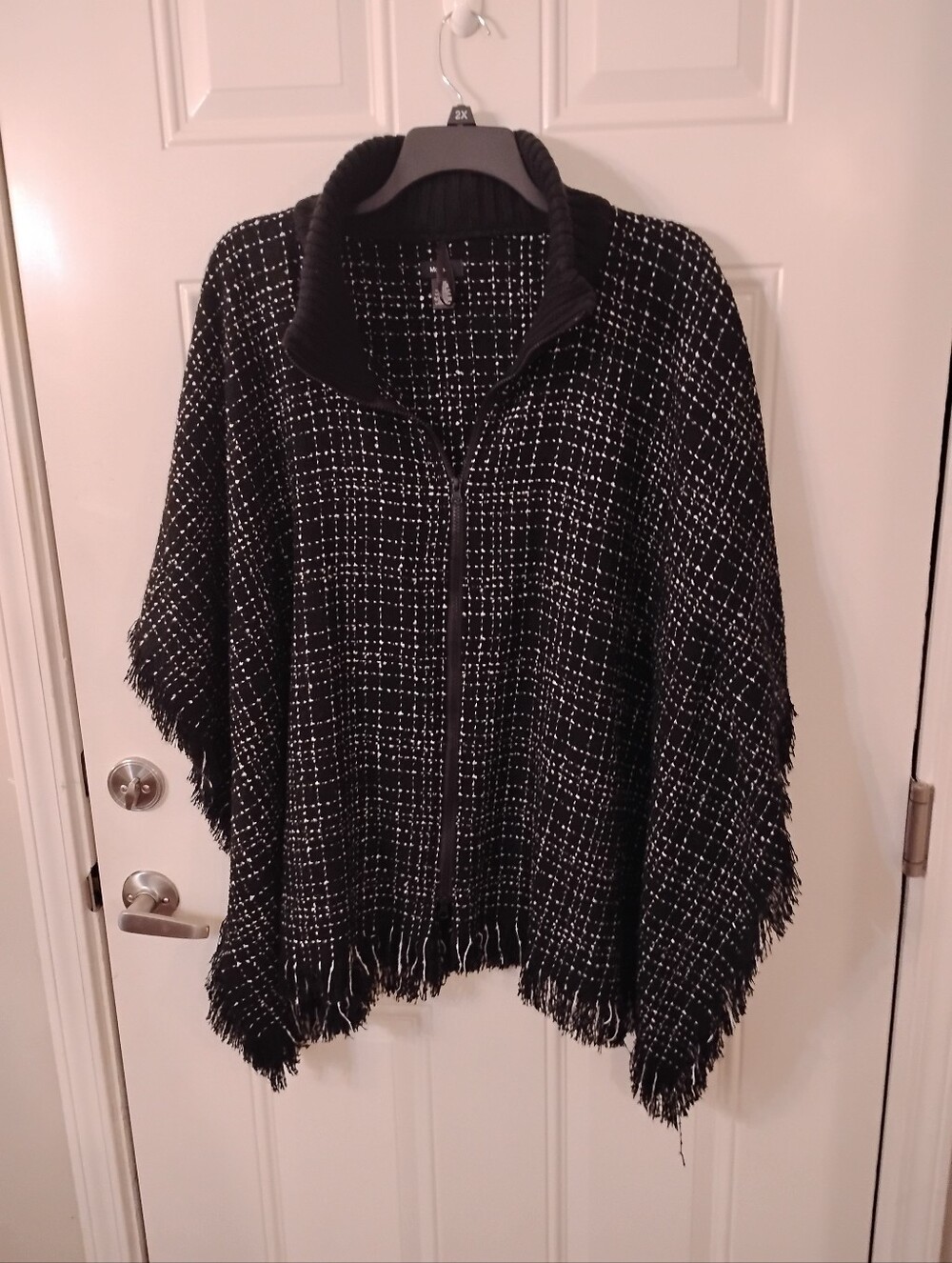Black & White Tweed Zip-Front Poncho Sweater